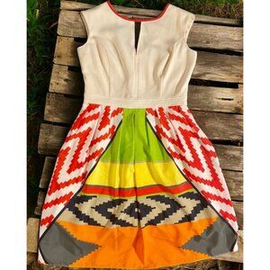 Ellen Tracy Size 2 White Red Multi Ethnic Aztec colorful print A-line Dress